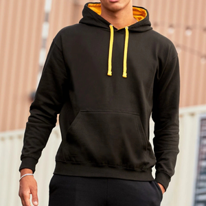 Sweat-shirt à capuche noir pour homme avec cordons de serrage jaunes, coupe classique, en molleton de coton, décontracté, pour l'automne, couleur unie, avec poche - Product Image 5