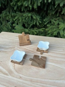 Wood Puzzle <b>Coaster</b> Set With White <b>Ceramic</b> Bowls Irregular Shape Modern Design Non-Slip Mats For Table Decoration - Product Image 2