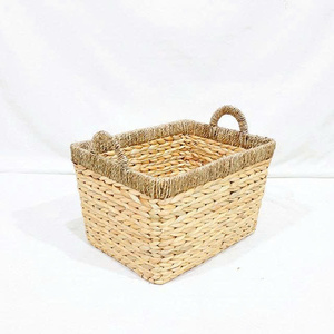 Natural Water Hyacinth Mix Seagrass Eco-Friendly Rustic <b>Rectangle</b> Frame <b>Storage</b> <b>Basket</b> Set Handles for Home Laundry Organizing - Product Image 4