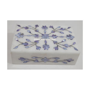 Caja de joyería con Incrustaciones de nácar azul mármol blanco natural forma rectangular diseño de incrustaciones florales hecho a mano embalaje de collar usado - Product Image 6