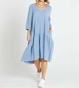Women's Solid Color V-Neck Midi Dress <b>Three</b> Quarter Sleeve Loose Fit With Pockets Casual Summer Dress - Product Image 5