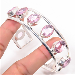 Handmade pink Opal Gemstone <b>Cuff</b> <b>Bracelet</b> <b>Silver</b> Plated Stainless Steel Vintage Elegant Natural Stone Unisex Stylish Fashion - Product Image 3
