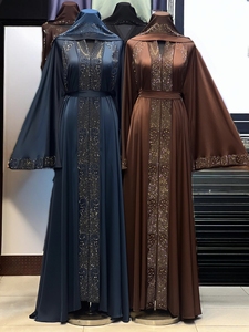Hot sale Modest Dubai Beaded Sequined <b>Long</b> Sleeve Abaya Muslim Traditional Handmade Wedding Women Polyester Breathable V Neck - Product Image 2