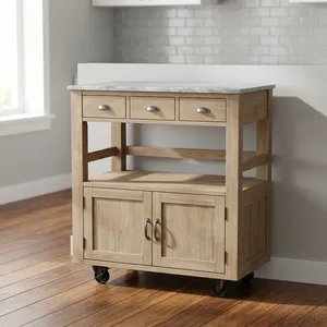 Meuble de rangement roulant style ferme en bois clair avec plateau en marbre, 2 tiroirs, portes Shaker et étagère ouverte - Product Image 5