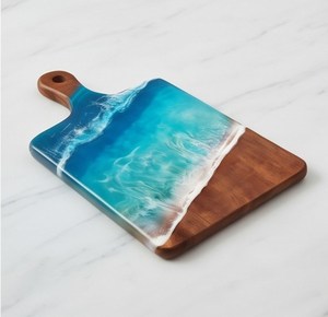 Planche à découper rectangulaire en bois avec poignée, en résine artisanale motif vague océanique bleue, idéale pour le fromage - Product Image 2