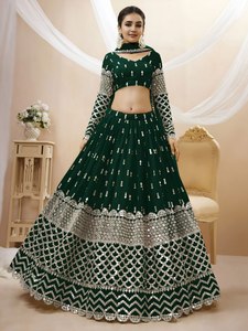 Robe de soirée en georgette verte à paillettes, brodée, avec chemisier fleuri et jupe plissée pour banquet - Product Image 1