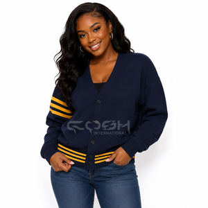 Cosh International Women's <b>Navy</b> Blue V Neck Knitted <b>Cardigan</b> Long Sleeve Casual Solid Color Contrast Stripe Design Full Sleeve - Product Image 1