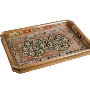 Bandeja de servir octogonal hecha a mano de madera de nogal con incrustaciones florales de nácar blanco, estilo marroquí, para uso decorativo en el hogar. - Product Image 6