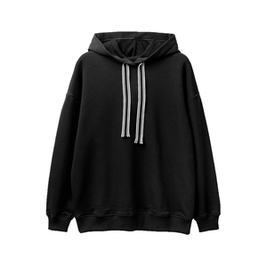Sweat-shirt à capuche noir pour femme, à épaules tombantes, manches longues, en molleton, uni, décontracté - Product Image 3