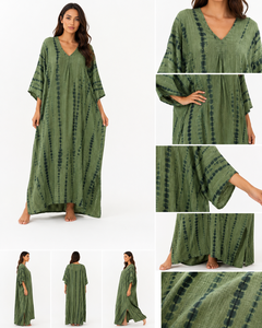 Green Tie Dye Cotton Eco-Friendly Bohemian <b>Kaftan</b> Dress V Neck Modern Fit Party Resort Wear Women <b>Summer</b> Kimono Floor-Length - Product Image 4