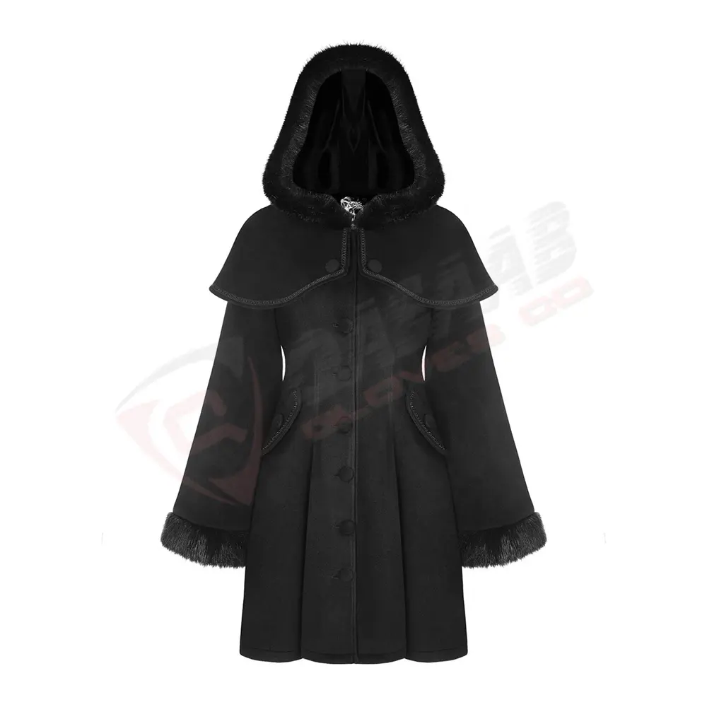 Manteau gothique en coton noir à manches longues réchauffé de haute qualité avec capuche et fourrure à manches évasées,-gothic Coats Women Goth-Tailcoats