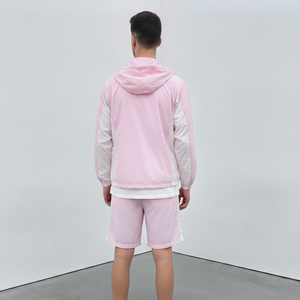 Men's Pink Color Block Windbreaker Jacket and Shorts <b>Set</b> Hooded Casual Outwear Summer Breathable <b>Knitted</b> Polyester Tracksuit - Product Image 2