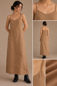Robe longue beige en lin et coton pour femme, bretelles spaghetti, coupe trapèze, tissée, ample, pour les vacances et tenue décontractée - Product Image 4