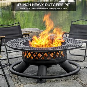 <b>Fire</b> Pit with Dual Grills Wood Burning BBQ Firepit with Lid Poker Large Heavy Duty Patio Heater Bonfire - Product Image 4