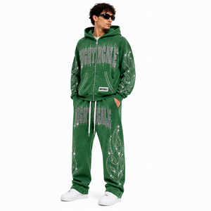 Conjunto de Sudadera con Capucha y Pantalones de Chándal de Algodón Personalizado por el Fabricante, con Efecto Desgastado por el Sol, Lavado Ácido y Pedrería, Chándal de Cristal - Product Image 1