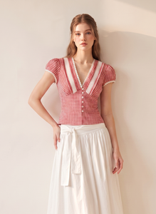 Chemisier décontracté d'été pour femme, rouge à carreaux, col en V, manches courtes, avec empiècements en dentelle, style corset vintage boutonné, peplum, ODM LESTER - Product Image 3