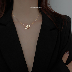 Collar con Colgante de Doble Corazón en Acero Inoxidable Chapado en Oro de 18K, Cadena de Eslabones, Joyería Moderna para Mujer, Regalo - Product Image 6
