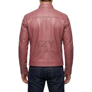 Chaqueta de cuero rosa polvo con cuello alto, botones a presión, cremalleras laterales verticales, costuras ajustadas y diseño único. - Product Image 2