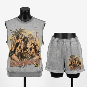 Conjunto de camiseta sin mangas y pantalones cortos de algodón azul de 180 GSM con estampado de salpicaduras de pintura y logotipo personalizado. - Product Image 6