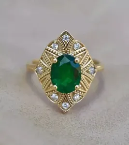 Moissanite <b>Emerald</b> Cut Engagement <b>Ring</b> Vintage Style 925 Sterling <b>Silver</b> Gold Plated Halo <b>Ring</b> Women - Product Image 1