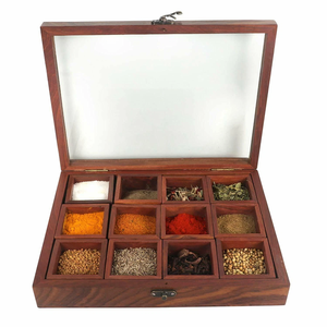 Caja de especias de madera de Sheesham con 12 recipientes, tarros y cuchara, organizador de especias de cocina de madera, Masala Dabba, Masala Dani, para condimentos - Product Image 1