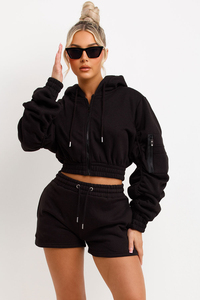 Conjunto Deportivo de 2 Piezas para Mujer, Color Negro, Sudadera Corta con Capucha, Pantalones Cortos, Cierre de Cremallera, Color Sólido, Bolsillos Laterales - Product Image 5