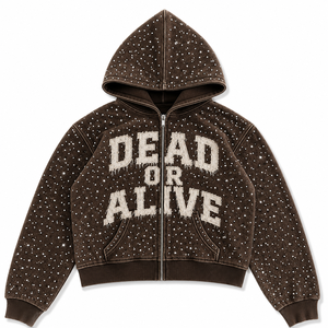 Sweat à capuche double fermeture éclair pour homme, motif graphique personnalisé, strass, effet délavé, molleton épais 100% coton, coupe oversize - Product Image 3