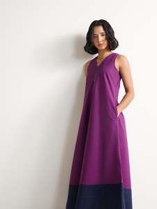 Strapless Color Block Midi <b>Dress</b> With Straight Silhouette And Contrast Hem In <b>Purple</b> And Navy For Daily Wear Beautiful <b>Dress</b> - Product Image 3