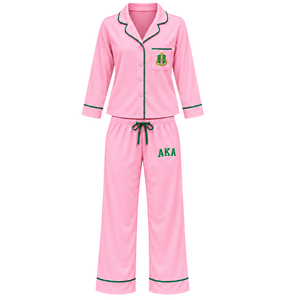 Women's Pink Pajama Set with Green Piping and AKA Embroidery <b>Long</b> Sleeve Button Front Top Matching Drawstring Pants Sleepwear - Product Image 1