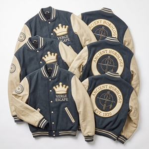 OEM Custom Varsity Letterman Jacket Wool Leather Sleeves Ancient Horology Foliot Embroidery Verge Escape Patch Steel Blue <b>Coat</b> - Product Image 1