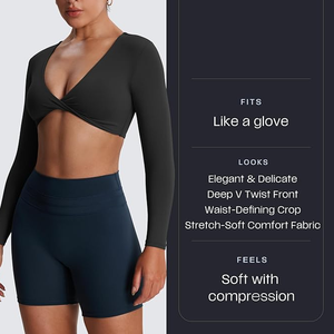 Women Criss Cross Neck Long Sleeve Yoga Top Solid <b>Color</b> Cut-Out Activewear Seamless Breathable Fitness <b>Shirt</b> - Product Image 3
