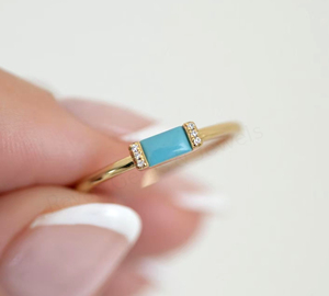 Natural Turquoise 3x5mm Rectangle Smooth 925 <b>Silver</b> Gold Plated Bezel <b>Set</b> CZ Diamond Gemstone <b>Ring</b> Unisex Women's Wedding Party - Product Image 2