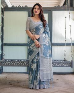 Sari indio elegante estilo Bollywood, tejido en plata, lino y algodón, con hermoso estampado digital, ropa étnica para novias y bodas. - Product Image 3