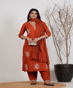 Women Traditional Cotton Salwar Kameez With Dupatta Orange Embroidered Casual Wear India Pakistan Style 85279 MORNI- Mc-1043 - Product Image 1
