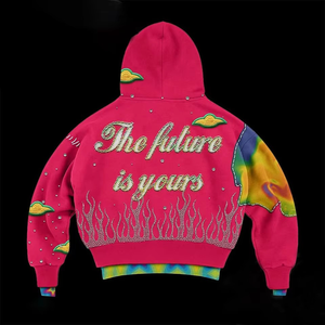 Unisex <b>Tie</b>-Dye Hooded Sweatshirt With Skull Print Rhinestone Applique Streetwear Fleece Zip-Up Oversized Fit - Product Image 3