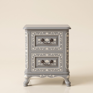 Handcrafted Eco-Friendly Gray Bone Inlay Modern <b>Bedroom</b> Furniture Nightstand Floral Pattern Two <b>Drawer</b> <b>Side</b> Table Living Room - Product Image 1