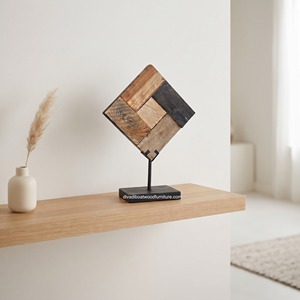Escultura Artística Cuadrada de Madera Hecha a Mano al por Mayor sobre Soporte de Metal Negro, Decoración Moderna para Mesa del Hogar - Product Image 3