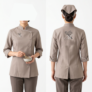 Uniforme de chef pour femme, 240 GSM, sergé en polycoton, couleur prune, double boutonnage, logo brodé personnalisé, manches longues, coupe premium - Product Image 6