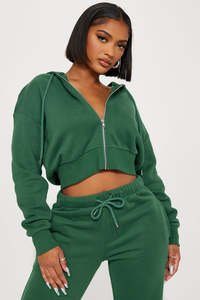 Ensemble de survêtement pour femme, vert, à capuche, avec fermeture éclair, haut court, manches longues, couleur unie, décontracté, avec poches latérales - Product Image 4