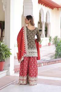 Traje Salwar de Seda Vichitra Marrón con Bordado de Lentejuelas Zari y Encaje de Diseño con Borde Calado, Top y Sharara con Dupatta - Product Image 3