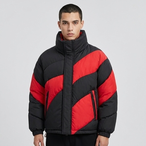Blouson matelassé unisexe noir et rouge à col montant, manteau d'hiver chaud zippé, streetwear d'extérieur, vêtements personnalisés à marque privée OEM ODM - Product Image 4
