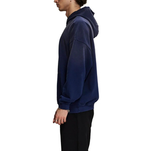 Sudadera con Capucha Azul Marino Oversize para Hombre, de Algodón y Felpa, Color Liso, con Bolsillos, Ajuste Regular, Diseño Desgastado, Ecológica, para Invierno - Product Image 4
