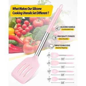 Set di 4 Utensili da Cucina in Silicone Antiaderenti, Spatole Grandi e Solide Resistenti al Calore, Cucchiai Forati Rosa, Kit Senza BPA - Product Image 2
