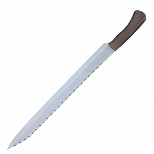 Cuchillo de rebanar de hoja larga dentada plateada con mango de madera de grano oscuro para cortar pan y carne, preparación de alimentos en la cocina - Product Image 1