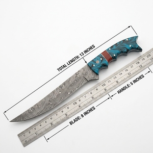 Couteau de cuisine professionnel à lame fixe en acier Damas, manche en résine bleue, pour la vente en gros, les OEM, les détaillants et les revendeurs - Product Image 3