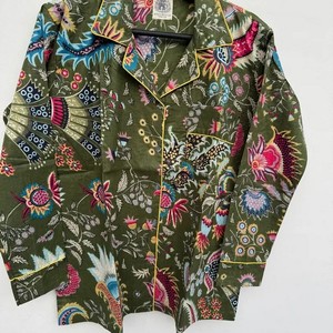 Green Floral Print Cotton Pajama Set Long Sleeve Full Length Soft Casual Sleepwear Turn-down Collar Elastic Waist - Product Image 2