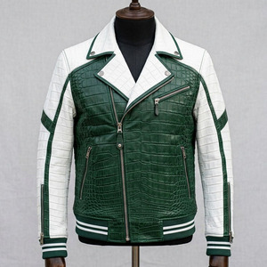 Veste de moto en cuir PU vert et blanc pour homme, motif crocodile embossé, fermeture éclair, col rabattu, coupe classique, style automne - Product Image 1