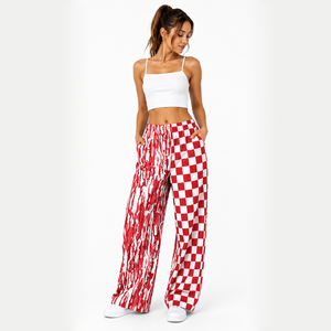 Pantalones de descanso de pierna ancha para mujer adulta, de cintura media, con frente plano, de verano, con estampado de leopardo a cuadros, estilo Western, de moda personalizada - Product Image 4