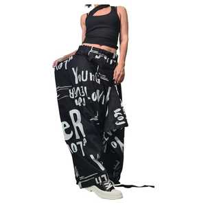 Women's Black Printed Harem Pants High Waist Elastic Loose Fit Full Length Streetwear Style Letter Pattern Summer Wear - Product Image 3