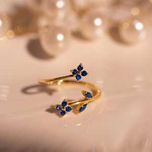 Blue Sapphire Floral <b>Ring</b> 925 Sterling Silver 14K Gold Plated Adjustable <b>Dainty</b> Gift For Her Jewelry - Product Image 4